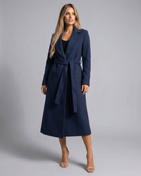 Women's Longline Coat with Belt and Notch Lapel – Casual, Office