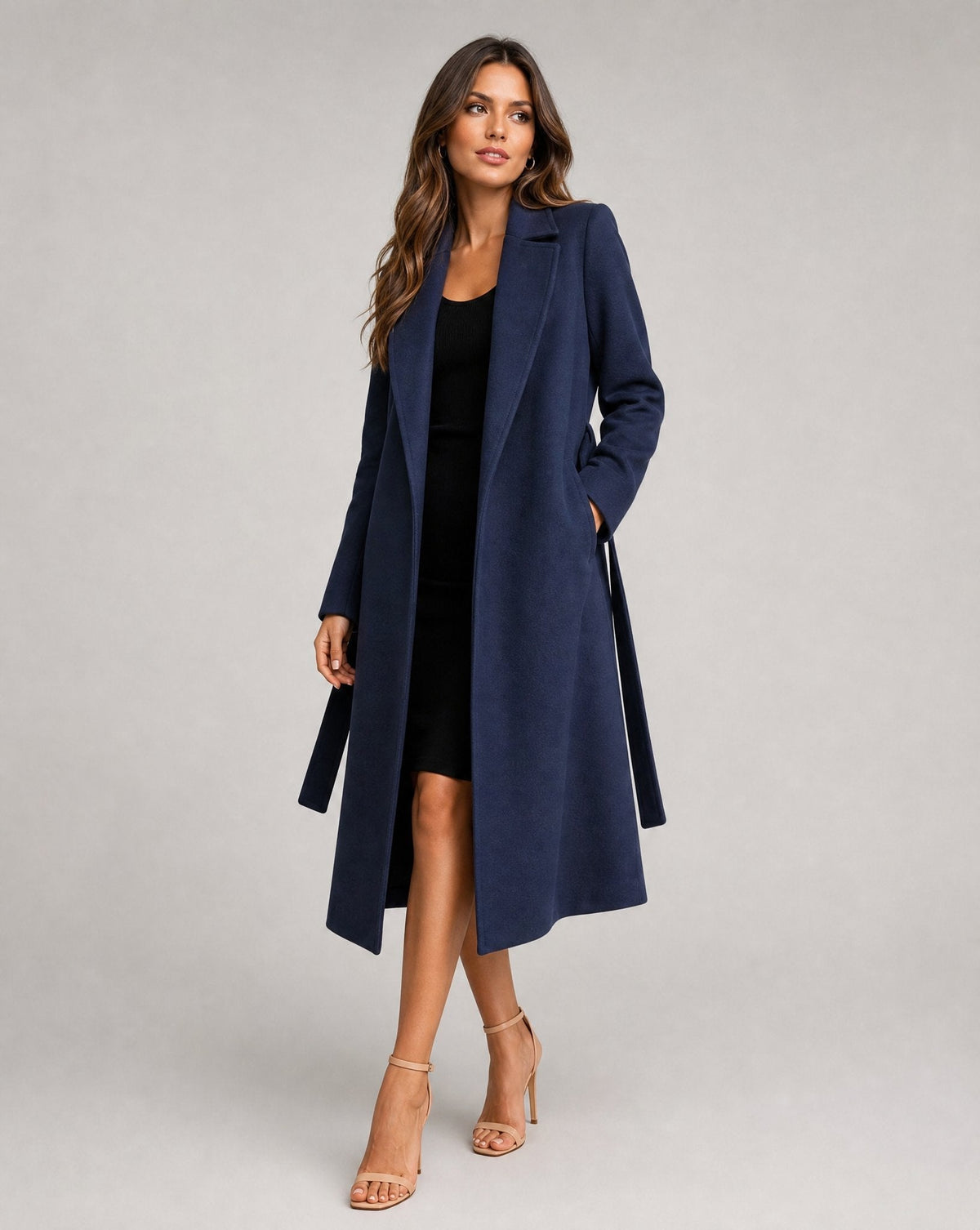 Women's Longline Coat with Belt and Notch Lapel – Casual, Office