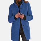 Women's Mid-Length Button-Front Coat with Stand Collar Blue – Casual, Office