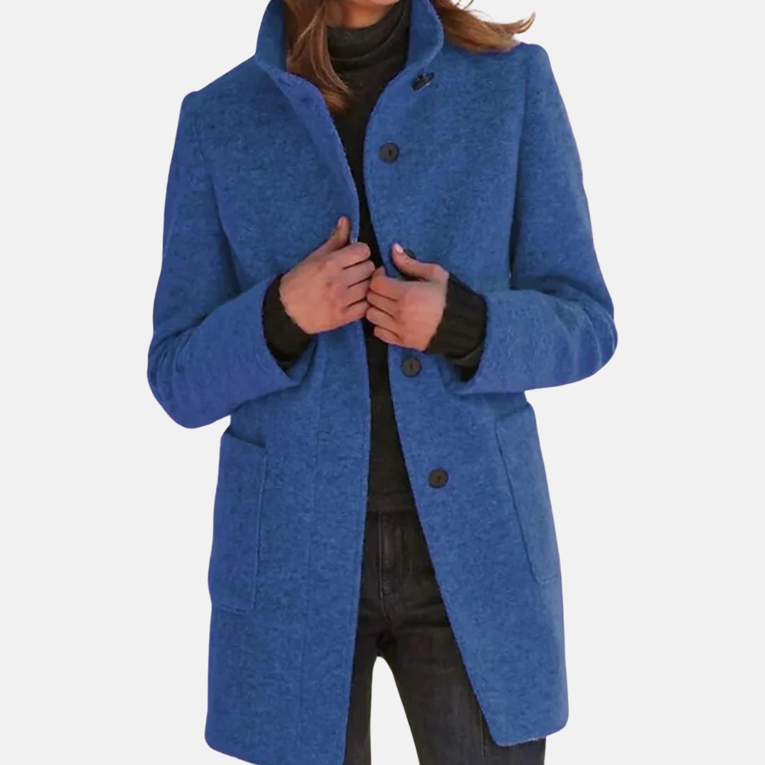 Women's Mid-Length Button-Front Coat with Stand Collar Blue – Casual, Office