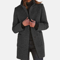 Women's Mid-Length Button-Front Coat with Stand Collar Blue – Casual, Office