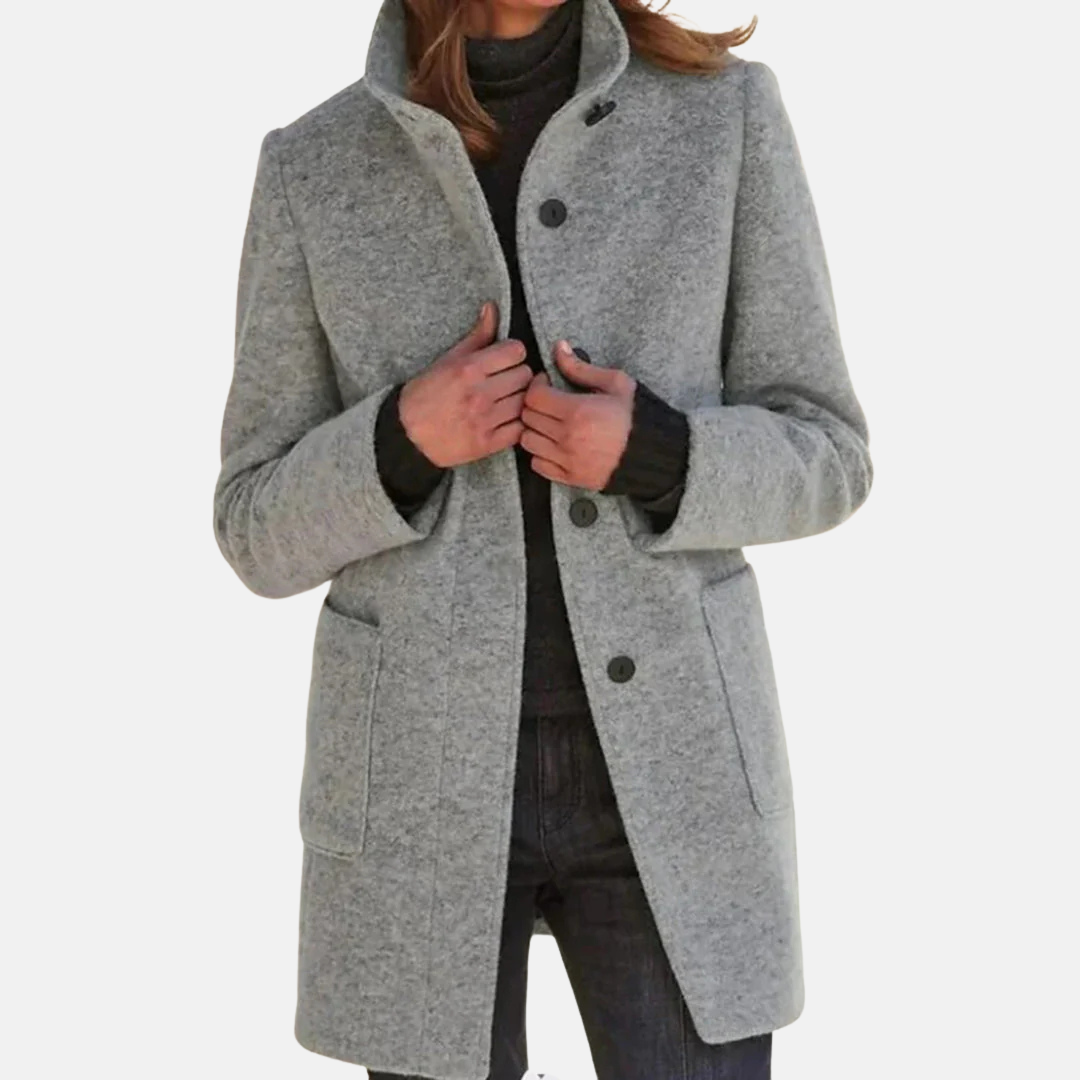 Women's Mid-Length Button-Front Coat with Stand Collar Blue – Casual, Office