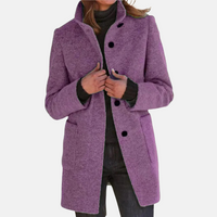 Women's Mid-Length Button-Front Coat with Stand Collar Blue – Casual, Office