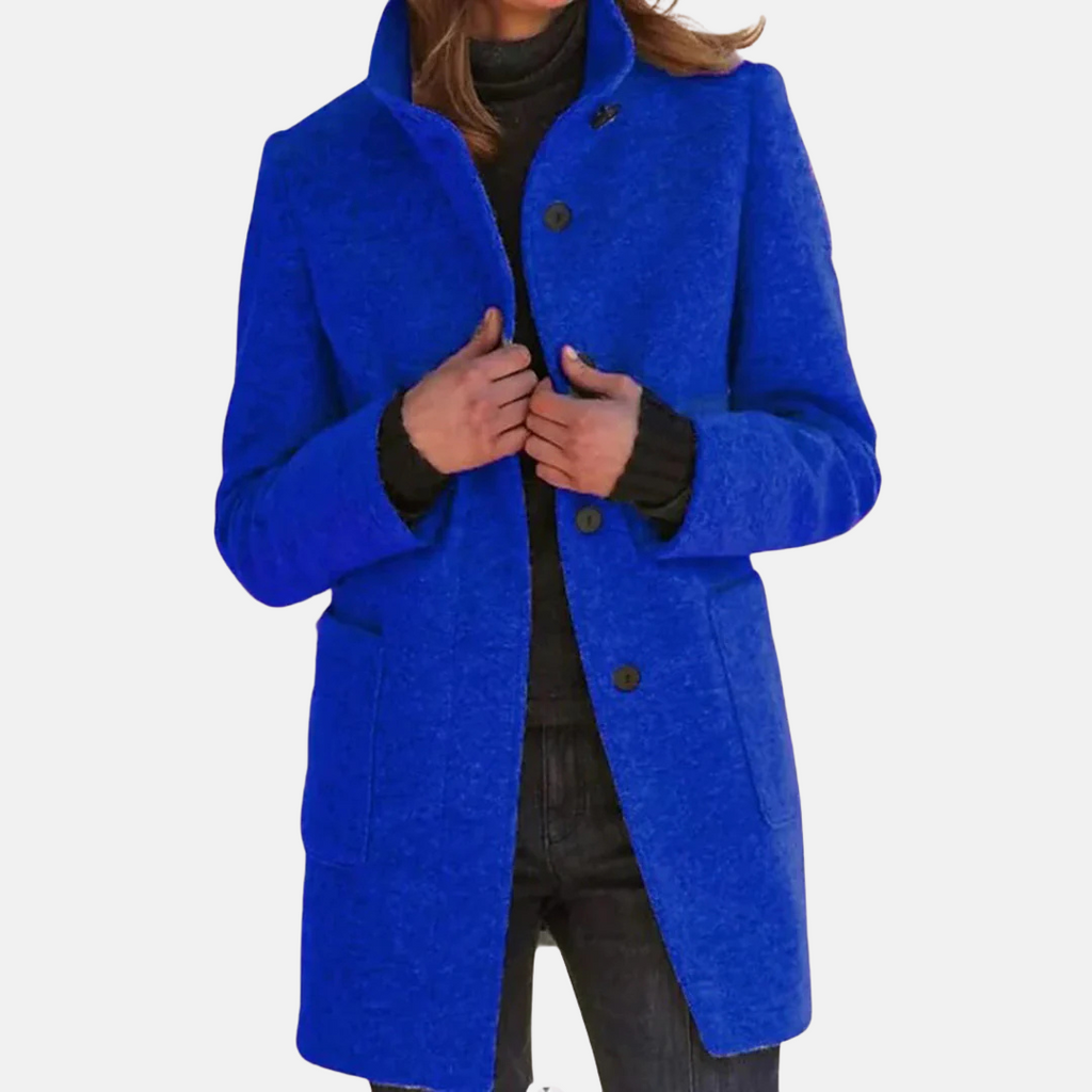 Women's Mid-Length Button-Front Coat with Stand Collar Blue – Casual, Office