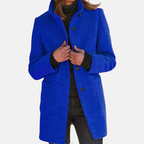 Women's Mid-Length Button-Front Coat with Stand Collar Blue – Casual, Office