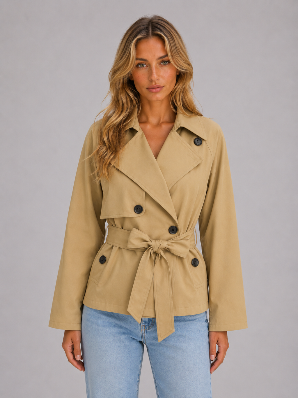 Women's Cropped Trench Coat with Tie Waist – Casual, Office