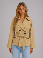 Women's Cropped Trench Coat with Tie Waist – Casual, Office
