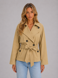 Women's Cropped Trench Coat with Tie Waist – Casual, Office