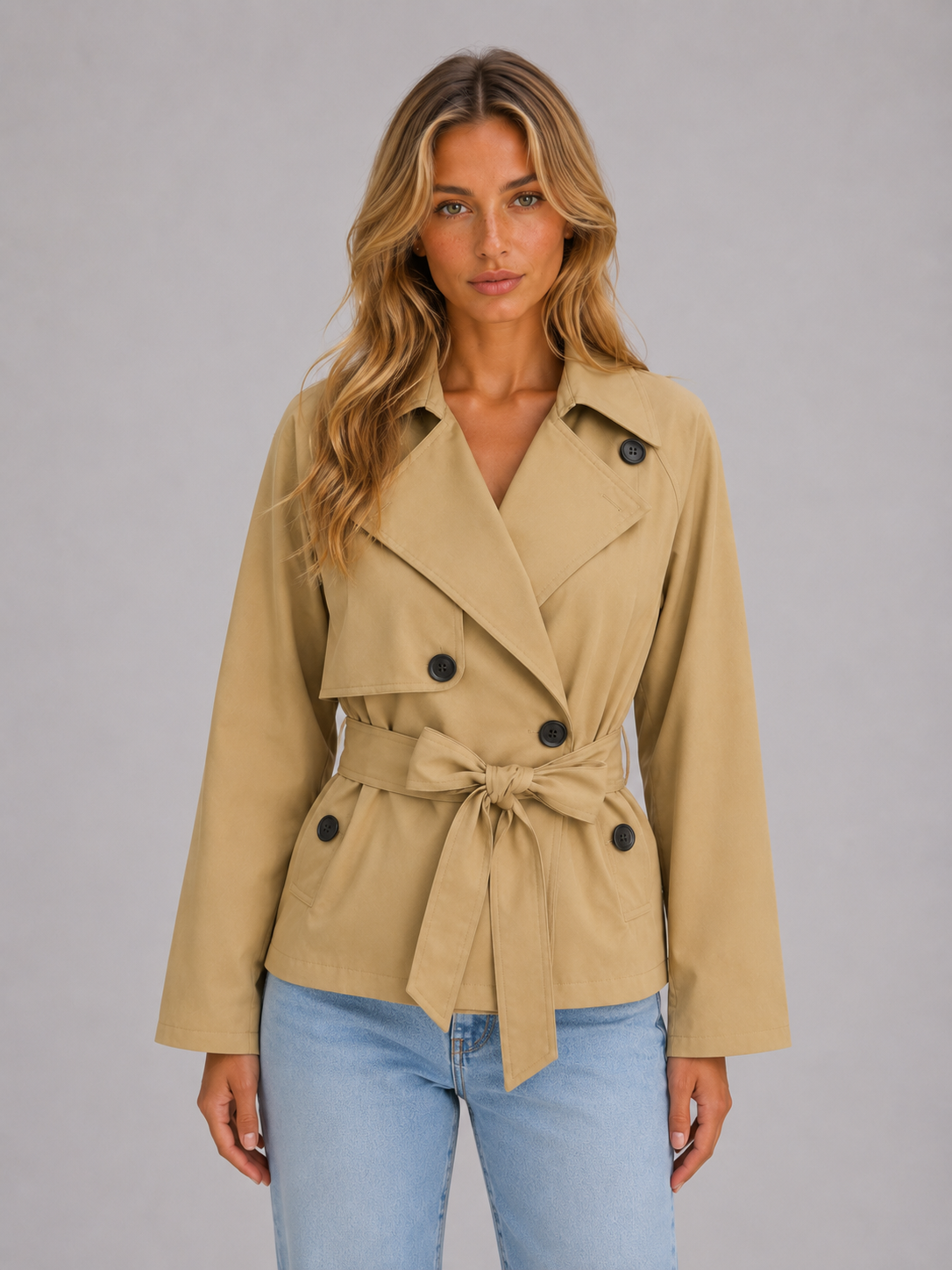 Women's Cropped Trench Coat with Tie Waist – Casual, Office