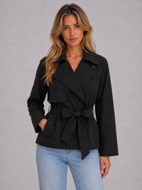 Women's Cropped Trench Coat with Tie Waist – Casual, Office