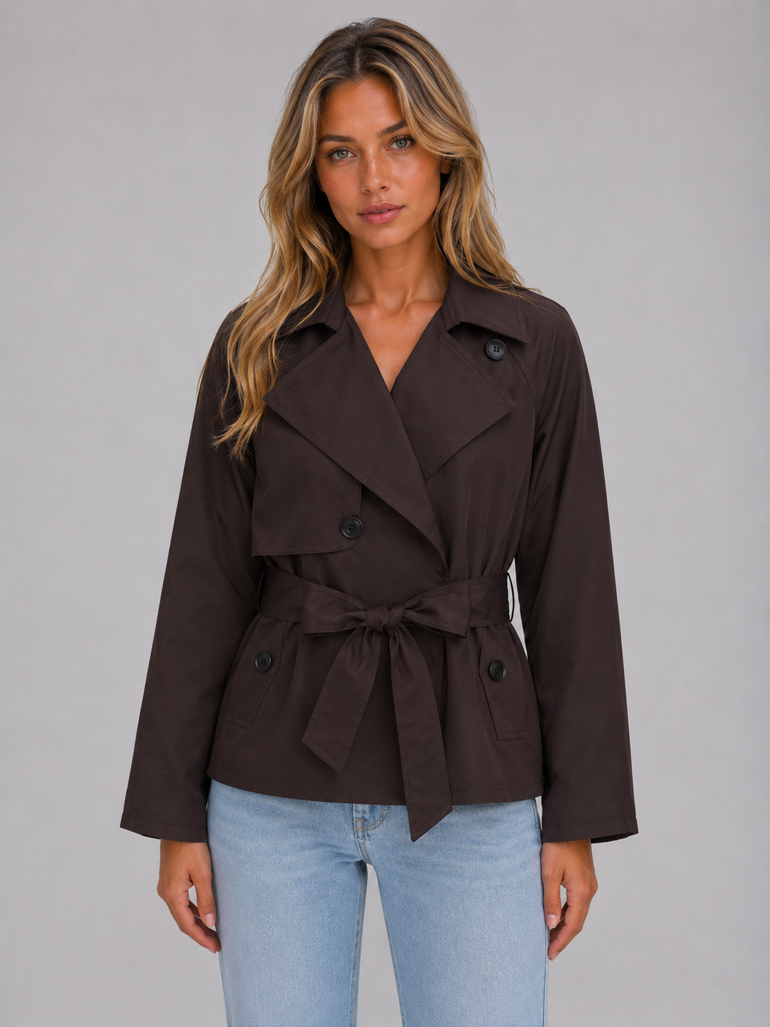 Women's Cropped Trench Coat with Tie Waist – Casual, Office