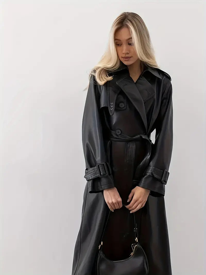 Women's Double-Breasted Trench Coat with Belted Waist – Casual, Office