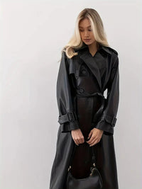 Women's Double-Breasted Trench Coat with Belted Waist – Casual, Office