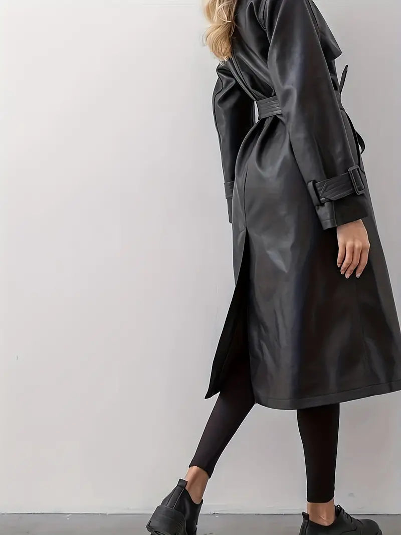 Women's Double-Breasted Trench Coat with Belted Waist – Casual, Office