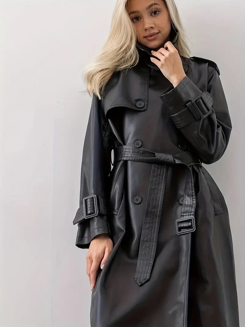Women's Double-Breasted Trench Coat with Belted Waist – Casual, Office