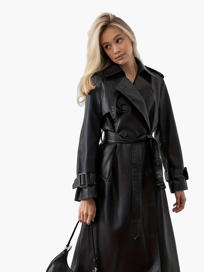 Women's Double-Breasted Trench Coat with Belted Waist – Casual, Office