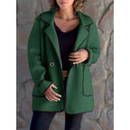 Women's Lapel Coat Green Loose Fit Long Sleeve Jacket – Casual, Office