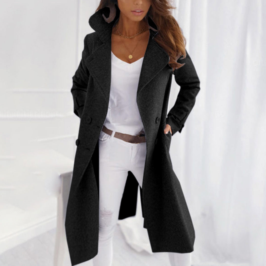 Women's Long Coat Black Lapel Collar Long Sleeve – Casual, Office