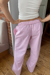 Wide Leg Pants Light Blue Striped Elastic Waist with Side Pockets – Casual, Office