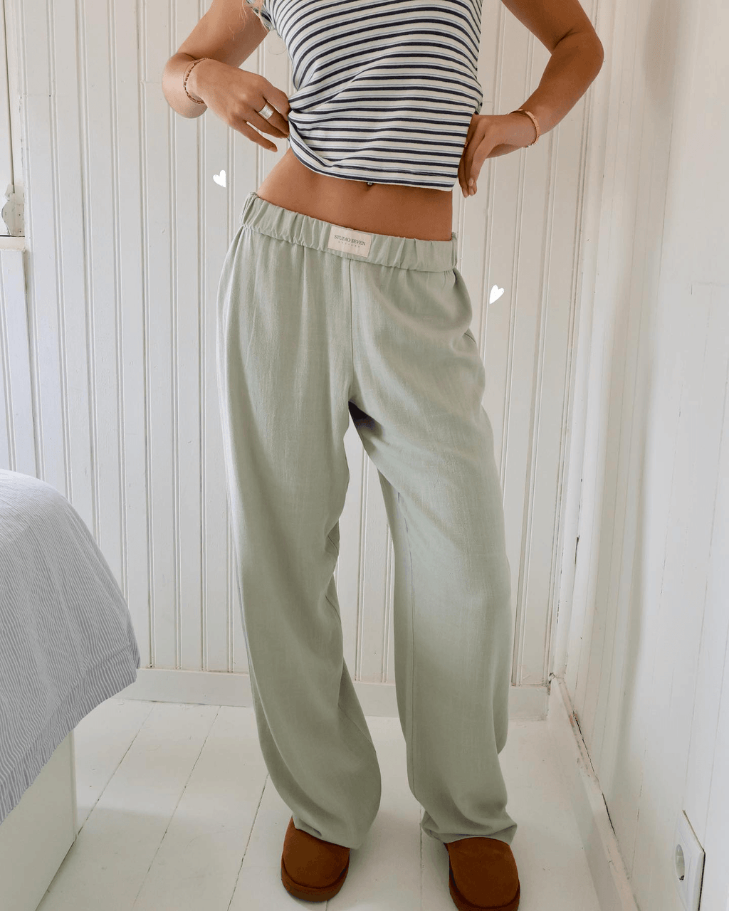Wide Leg Pants Light Blue Striped Elastic Waist with Side Pockets – Casual, Office