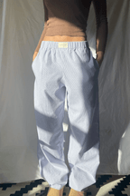 Wide Leg Pants Light Blue Striped Elastic Waist with Side Pockets – Casual, Office