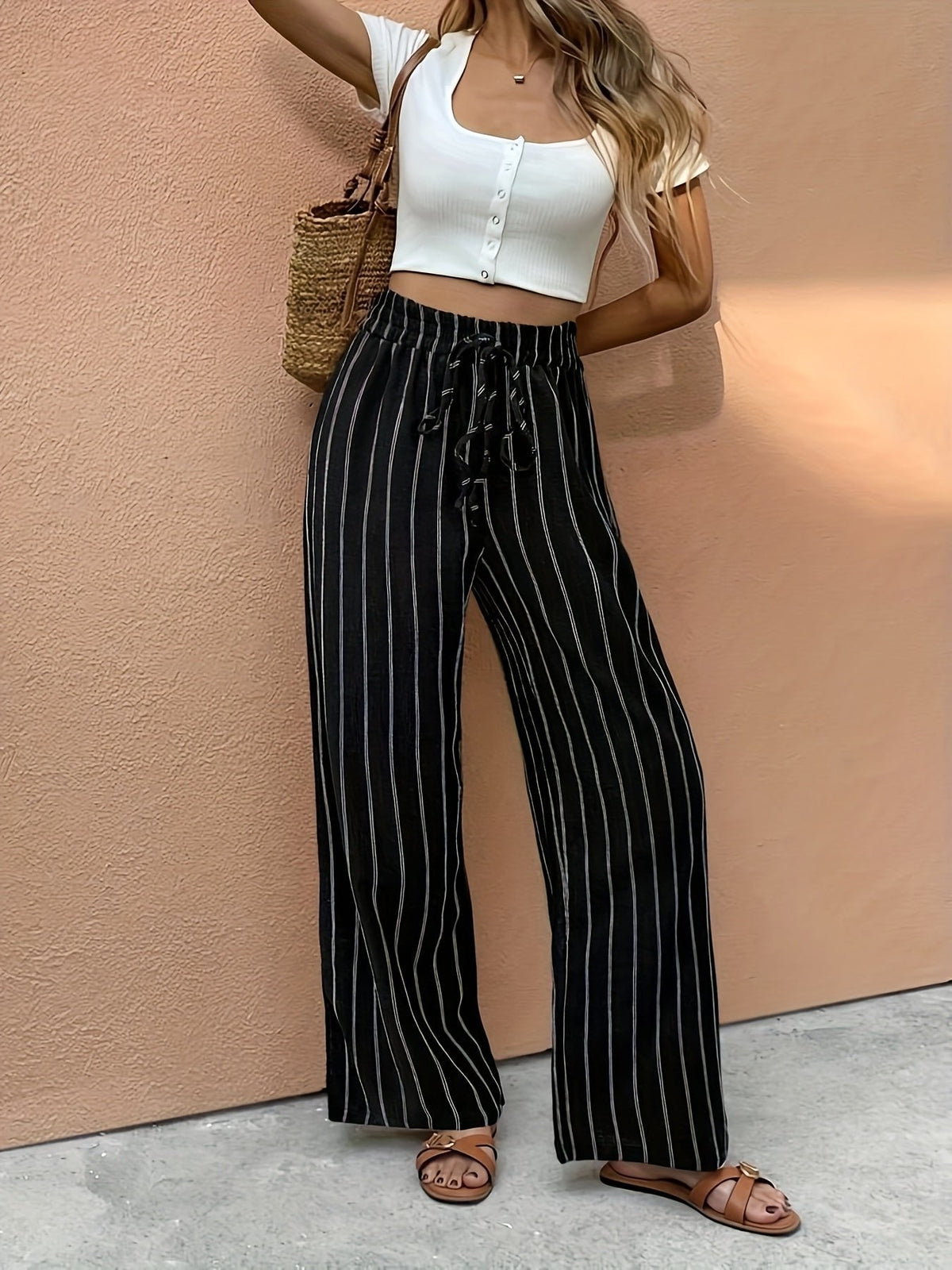 Women's Wide-Leg Striped Drawstring Pants – Casual Wear, Summer Outfits