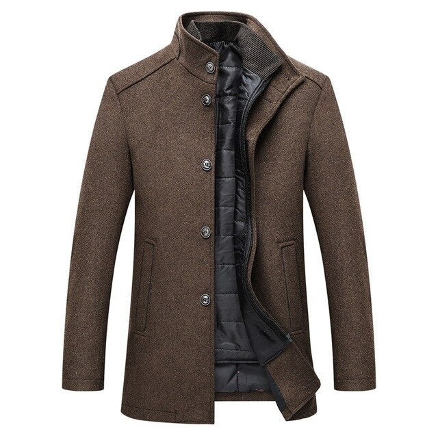 Wool Blend Coat Men's Stand-Collar Single-Breasted Jacket – Office, Casual