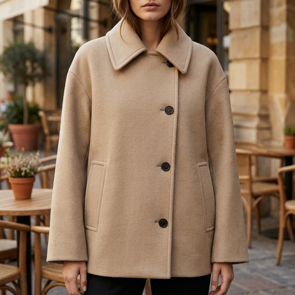 Beige Wool Blend Coat Women's Collared Button-Front Jacket – Casual, Office