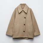 Beige Wool Blend Coat Women's Collared Button-Front Jacket – Casual, Office