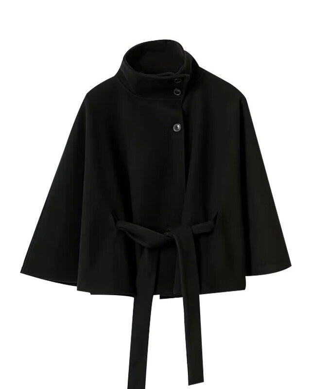 Wool Blend Coat Women's Belted Stand Collar Jacket – Office, Casual