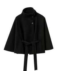 Wool Blend Coat Women's Belted Stand Collar Jacket – Office, Casual