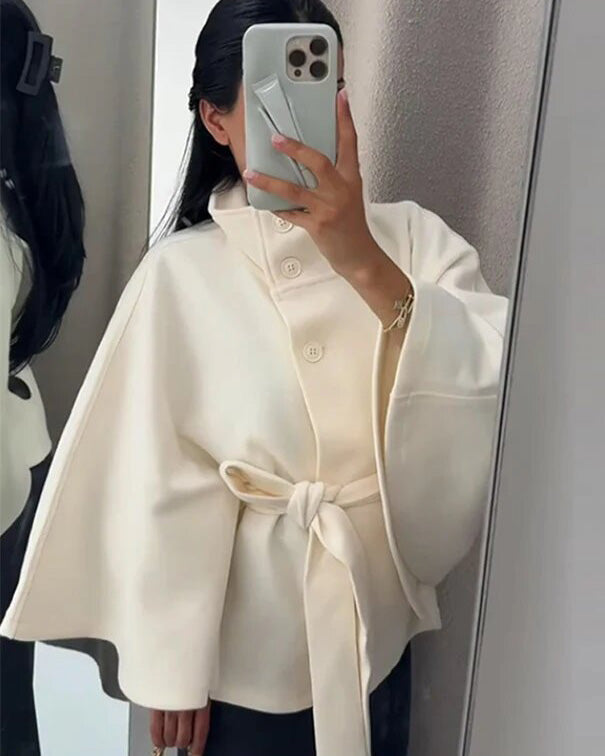 Wool Blend Coat Women's Belted Stand Collar Jacket – Office, Casual