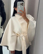 Wool Blend Coat Women's Belted Stand Collar Jacket – Office, Casual