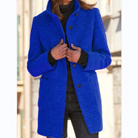 Wool Blend Coat Women's Gray Stand Collar Button Front Long Jacket – Casual, Office