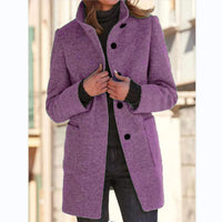 Wool Blend Coat Women's Gray Stand Collar Button Front Long Jacket – Casual, Office