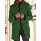 Wool Blend Coat Women's Gray Stand Collar Button Front Long Jacket – Casual, Office