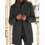 Wool Blend Coat Women's Gray Stand Collar Button Front Long Jacket – Casual, Office