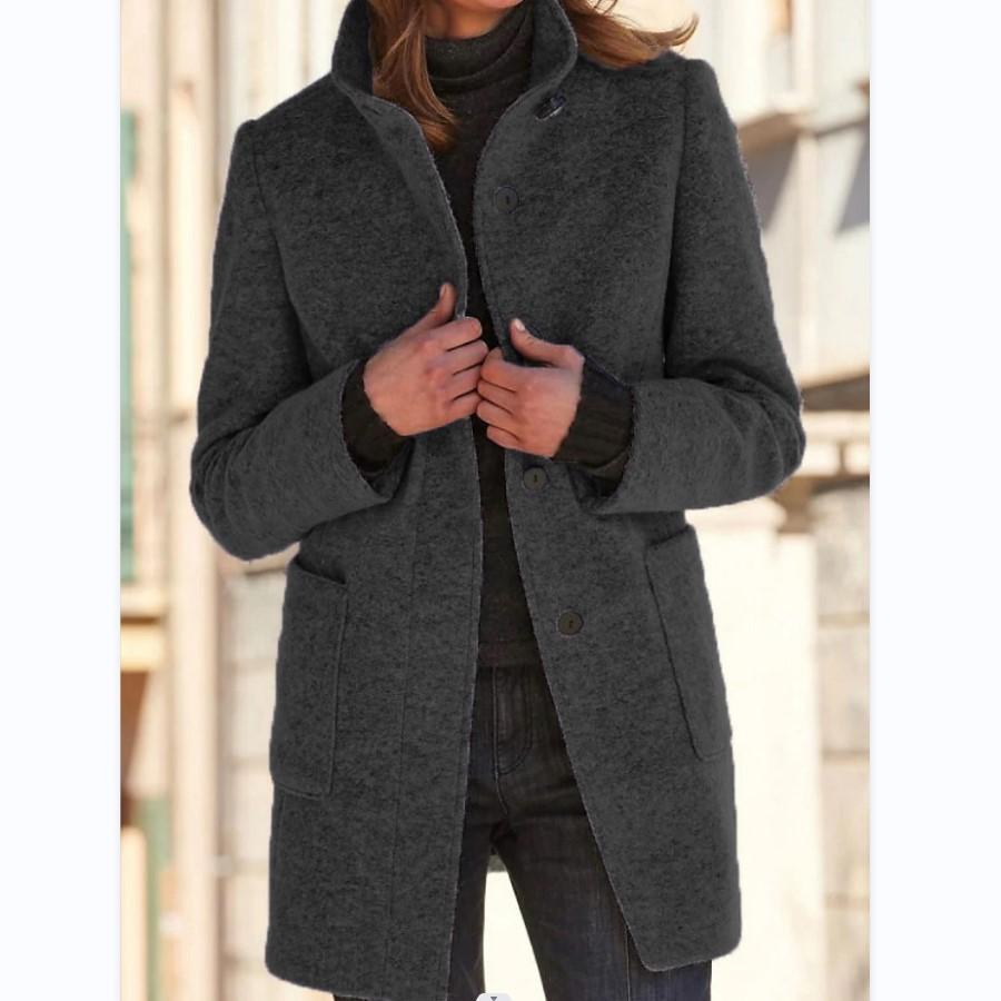 Wool Blend Coat Women's Gray Stand Collar Button Front Long Jacket – Casual, Office