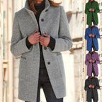 Wool Blend Coat Women's Gray Stand Collar Button Front Long Jacket – Casual, Office