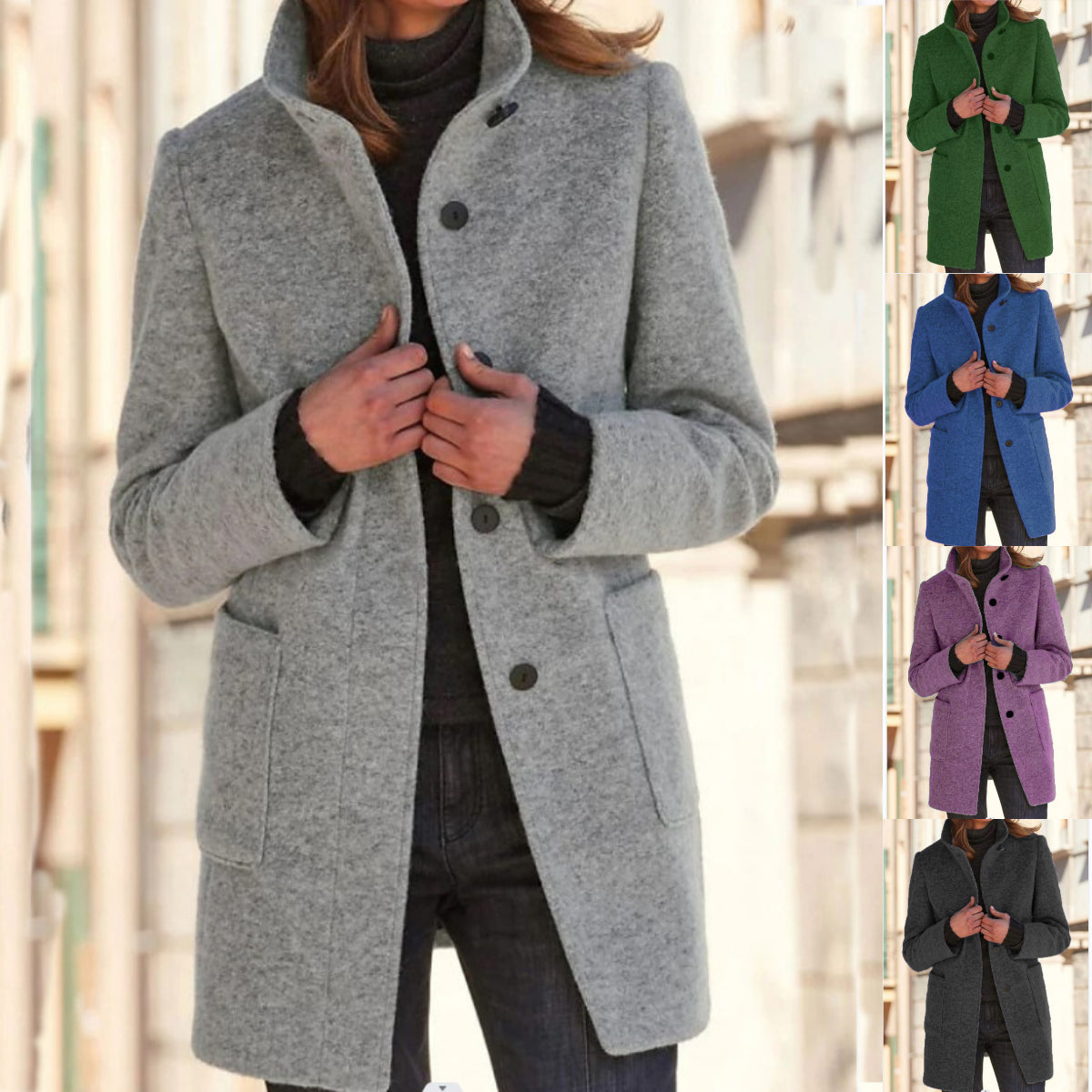 Wool Blend Coat Women's Gray Stand Collar Button Front Long Jacket – Casual, Office