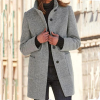 Wool Blend Coat Women's Gray Stand Collar Button Front Long Jacket – Casual, Office