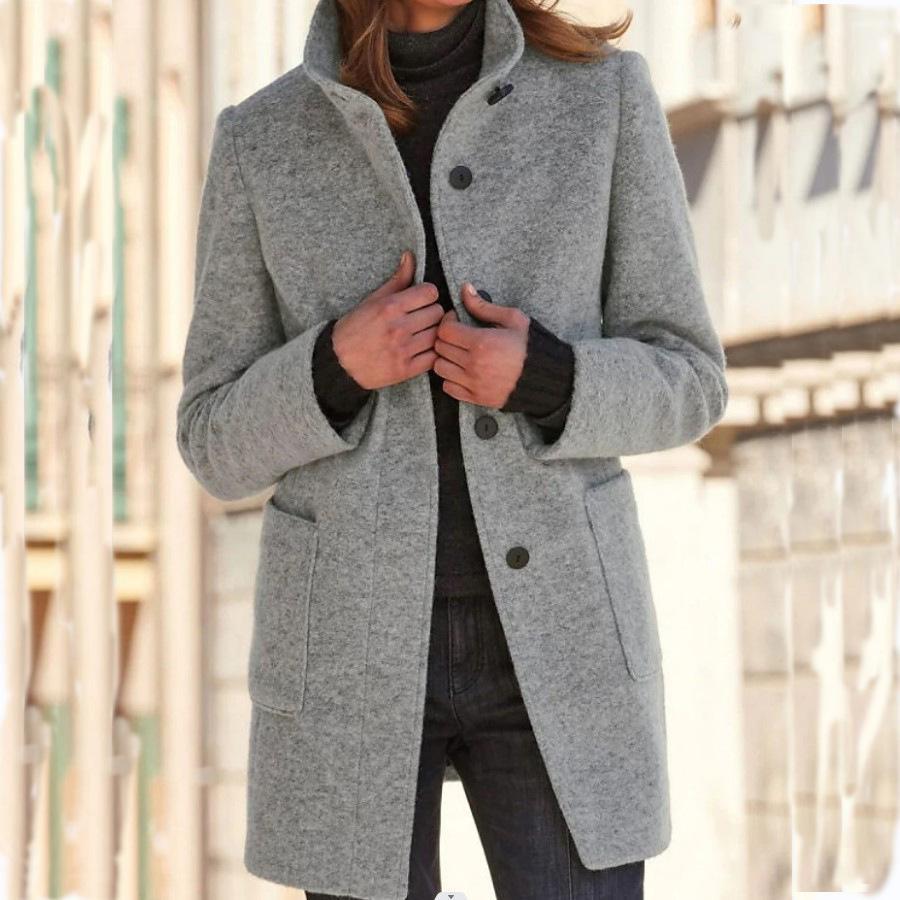 Wool Blend Coat Women's Gray Stand Collar Button Front Long Jacket – Casual, Office
