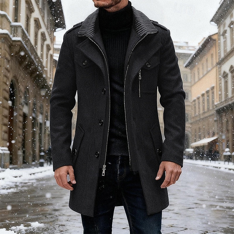 Grauer Wollmischung Trenchcoat für Herren, Einreiher, Mid-Length – Casual, Büro