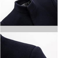 Navy Wool Blend Trench Coat Men's Single-Breasted Stand Collar – Office, Casual