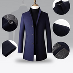 Navy Wool Blend Trench Coat Men's Single-Breasted Stand Collar – Office, Casual