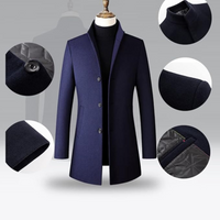 Navy Wool Blend Trench Coat Men's Single-Breasted Stand Collar – Office, Casual