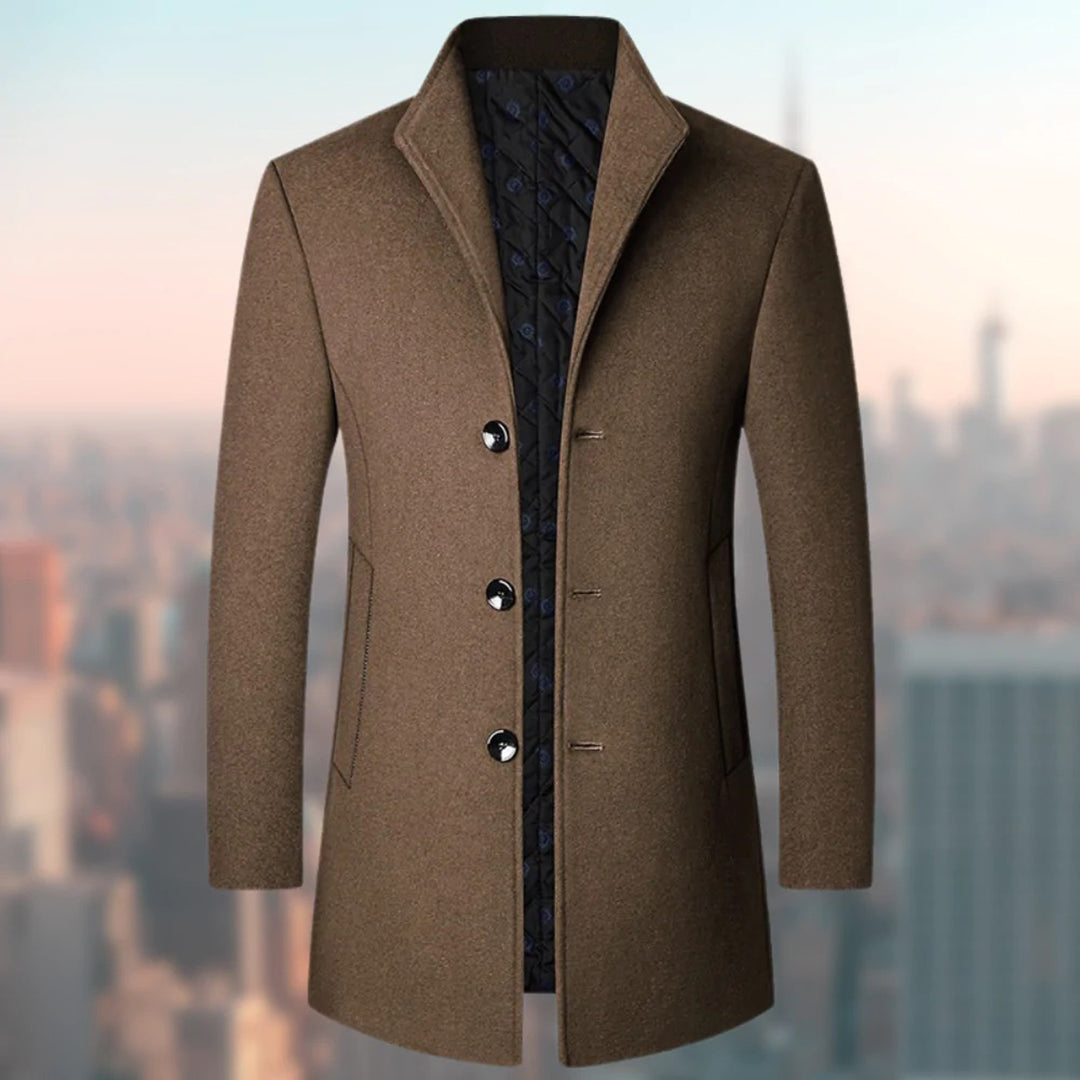 Navy Wool Blend Trench Coat Men's Single-Breasted Stand Collar – Office, Casual