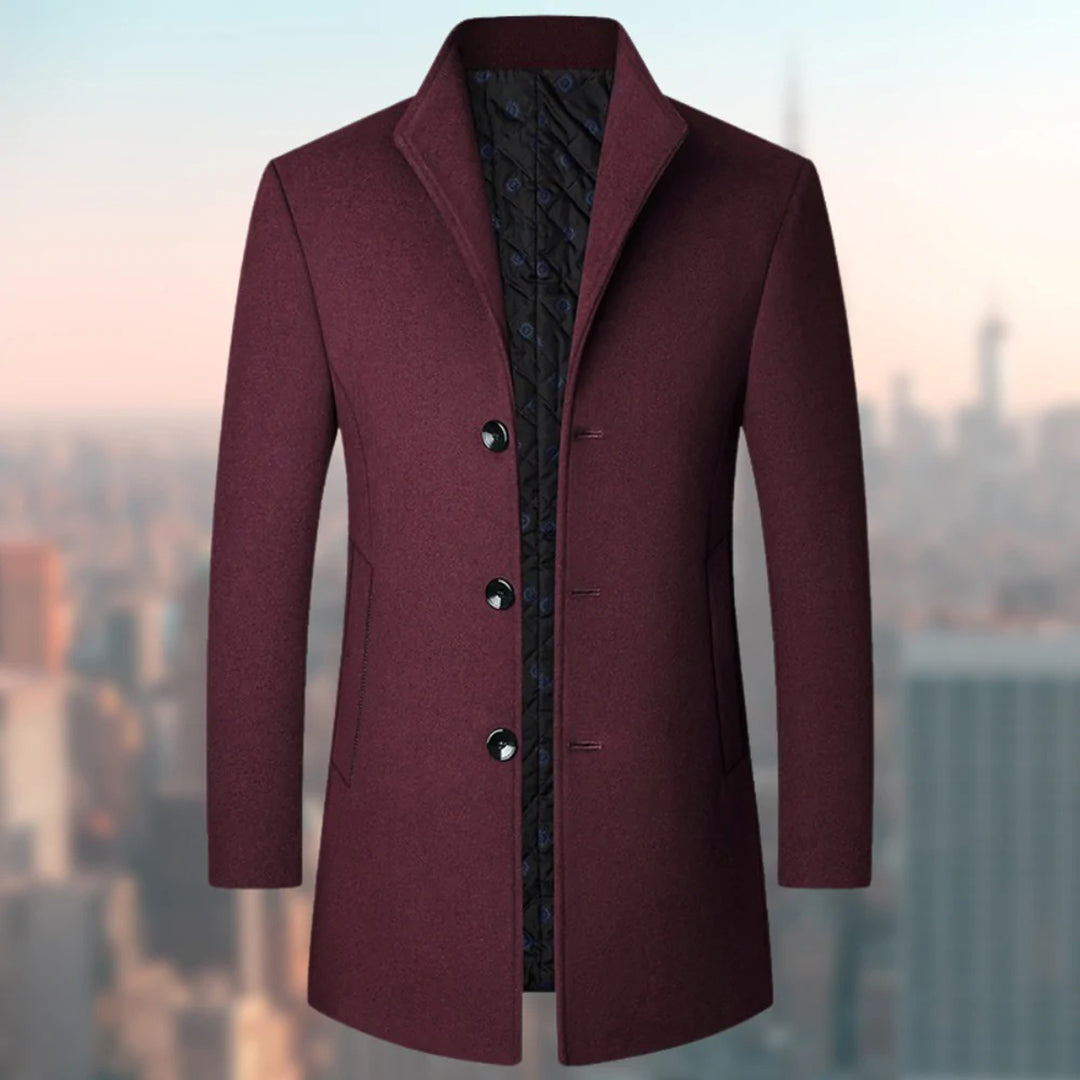 Navy Wool Blend Trench Coat Men's Single-Breasted Stand Collar – Office, Casual