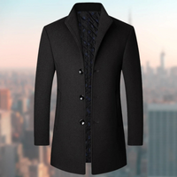 Navy Wool Blend Trench Coat Men's Single-Breasted Stand Collar – Office, Casual