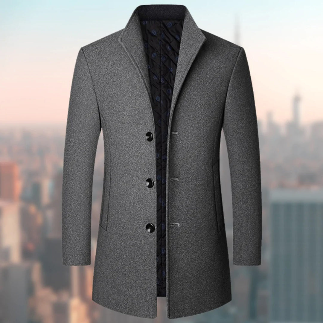 Navy Wool Blend Trench Coat Men's Single-Breasted Stand Collar – Office, Casual